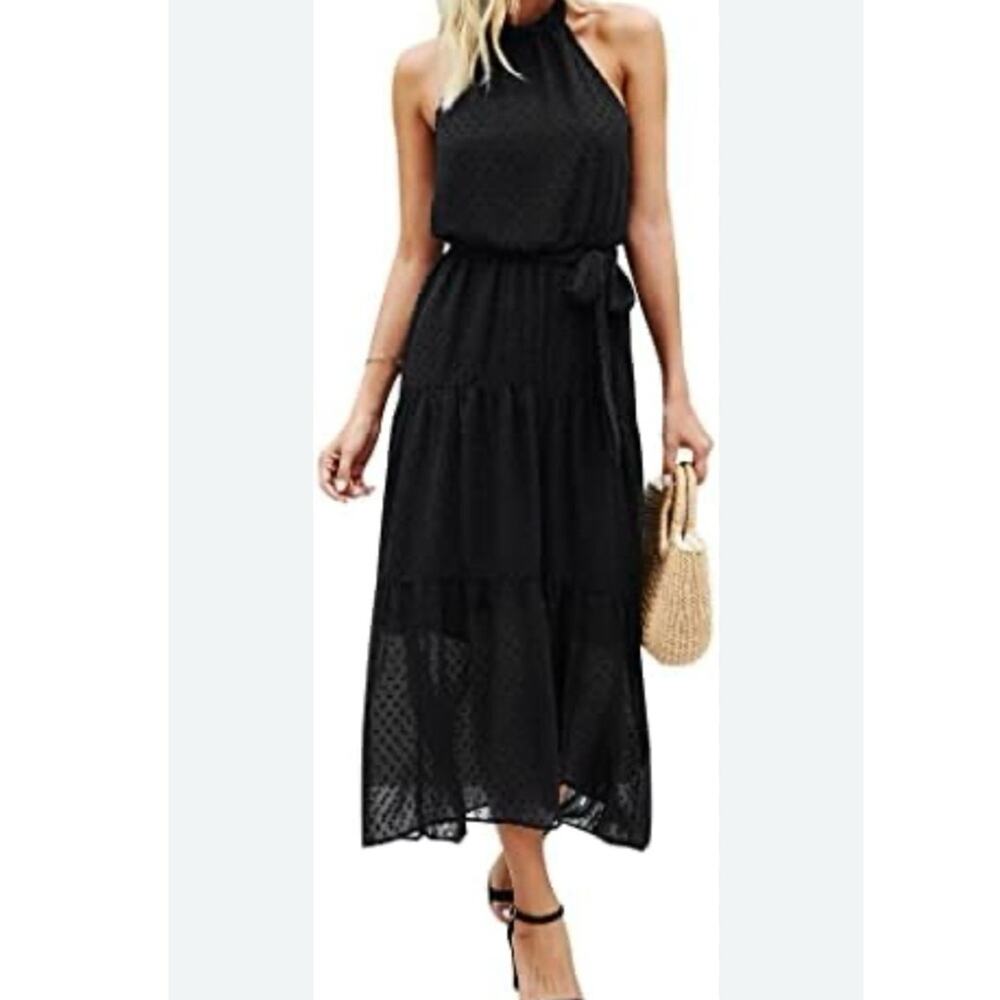 Pretty Garden Elegant Black Halter Maxi Dress Large